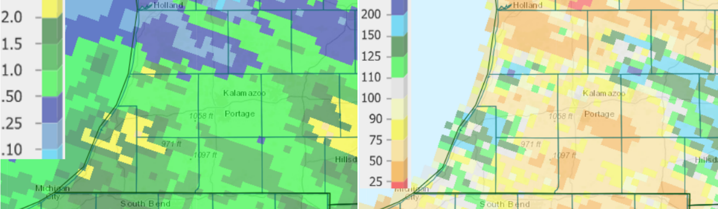 Precipitation totals from the past seven days (left) and percent of normal for the past 14 days (right) as of July 20.